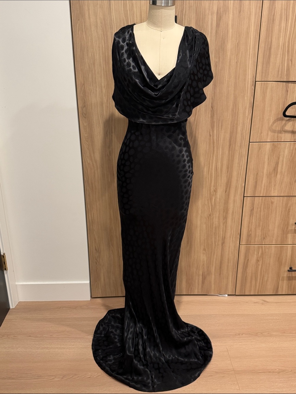 Rat & Boa Black Polka-Dot Satin Cowl Neck Maxi Dress